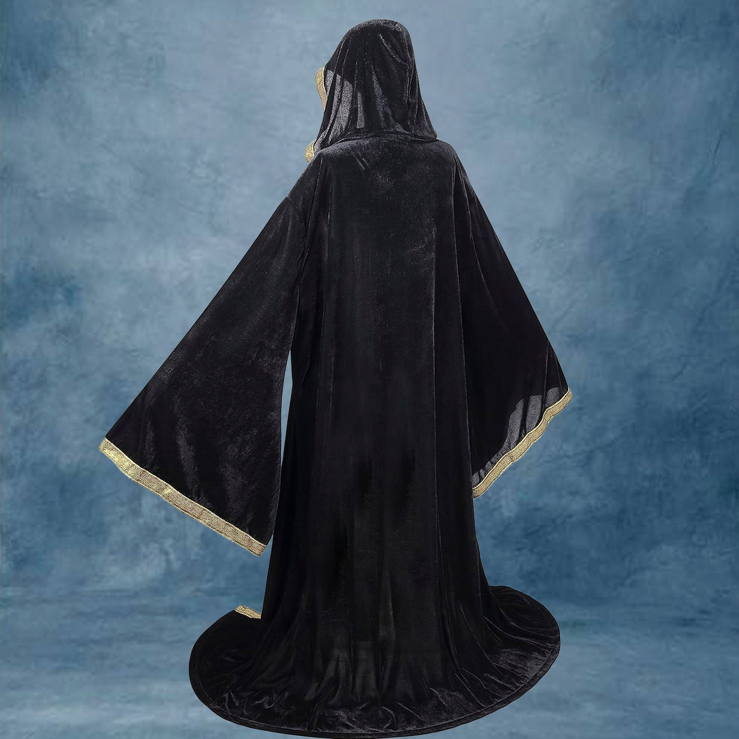 Hooded Wizard Robe, Black Gold Velvet Sorcerer Long Cloak with Hood, Medieval Fantasy Maxi Cape, Unisex Adult LARP Cosplay, Halloween Costume