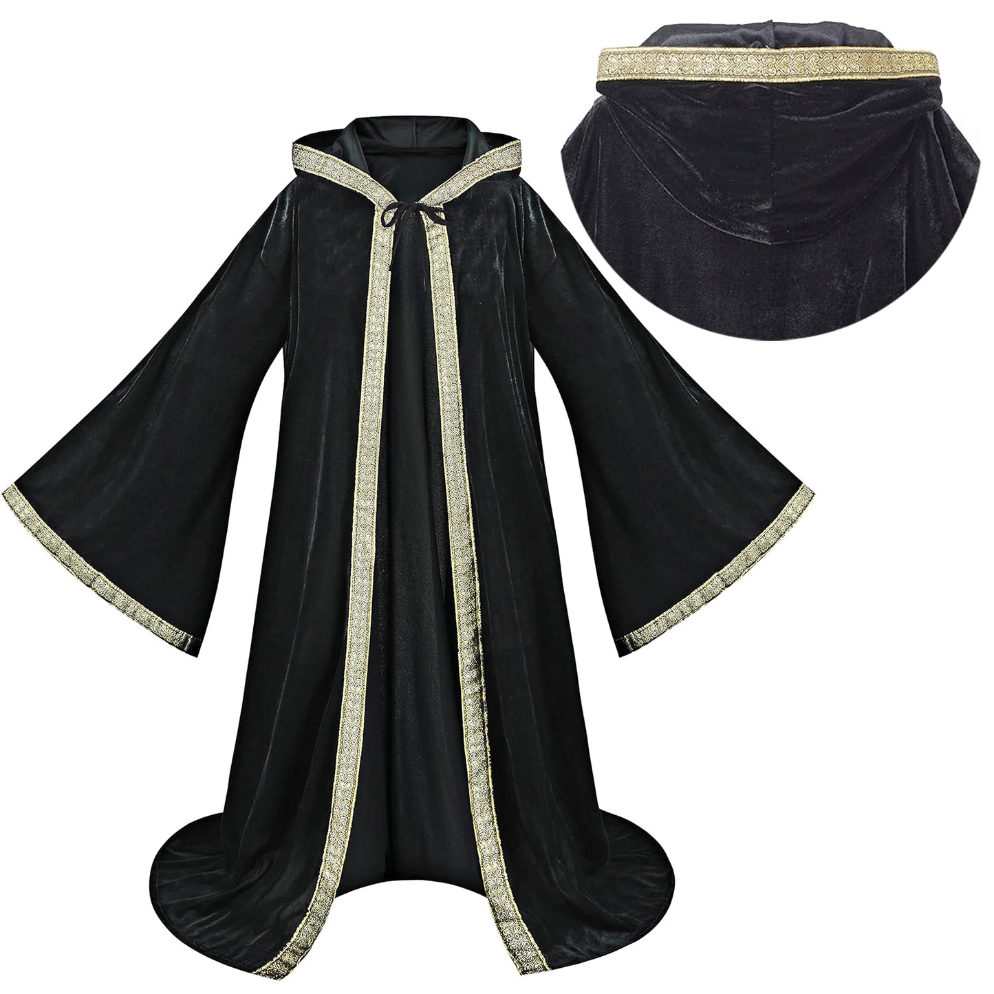 Hooded Wizard Robe, Black Gold Velvet Sorcerer Long Cloak with Hood, Medieval Fantasy Maxi Cape, Unisex Adult LARP Cosplay, Halloween Costume