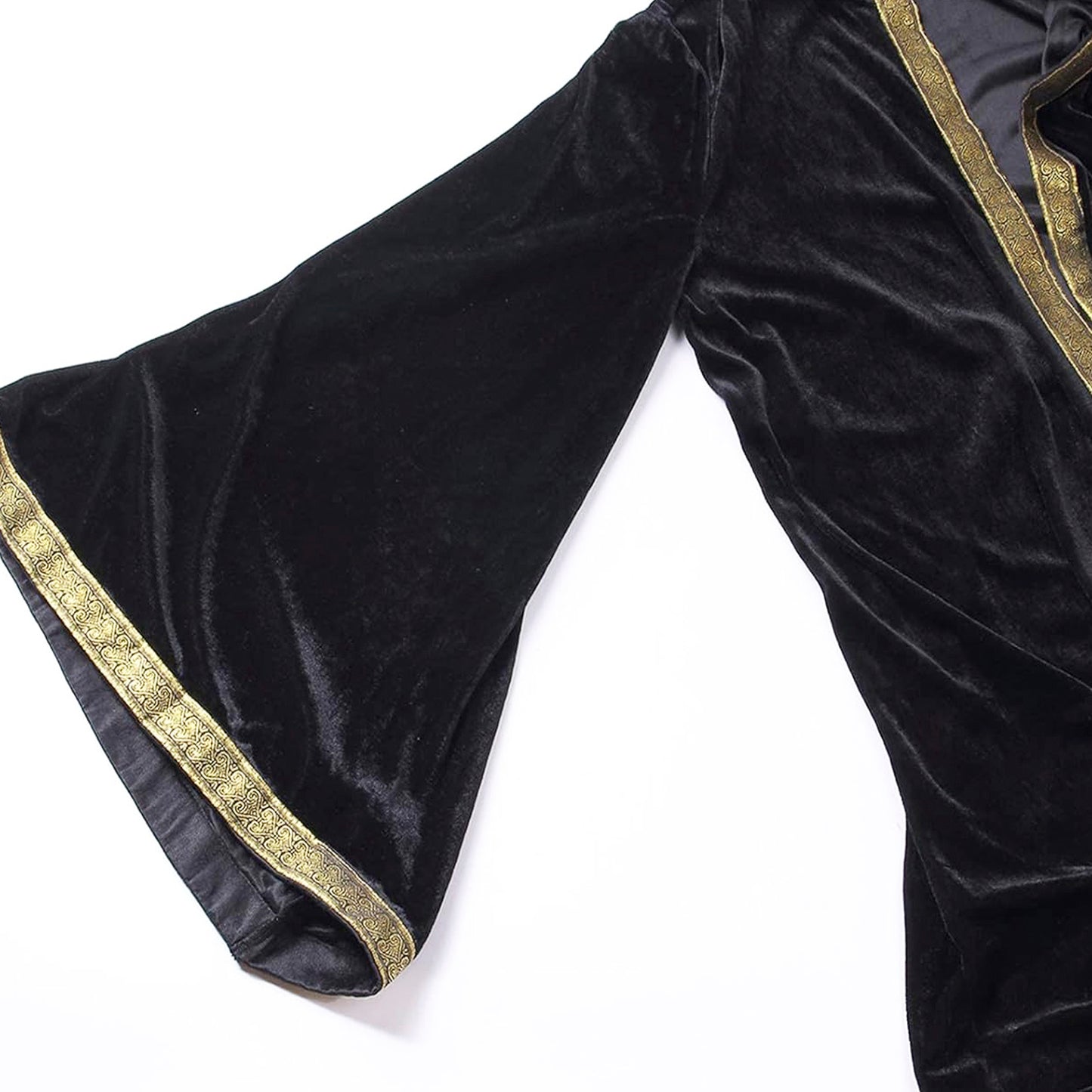 Hooded Wizard Robe, Black Gold Velvet Sorcerer Long Cloak with Hood, Medieval Fantasy Maxi Cape, Unisex Adult LARP Cosplay, Halloween Costume