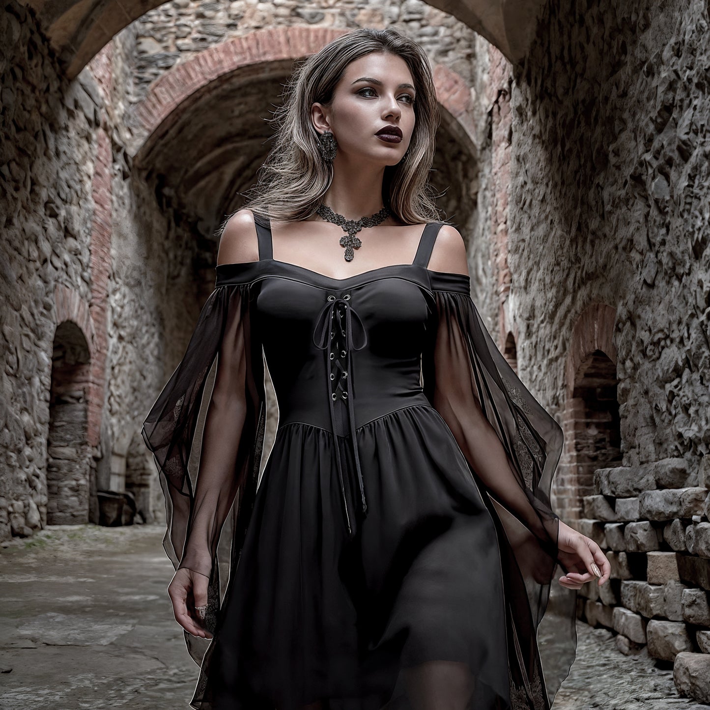 Halloween Party Witch Dress, Medieval Gothic Vampire Women Costume, Black Chiffon Gown Plus Size, Dark Fairy Outfit, Fantasy Elven Cosplay