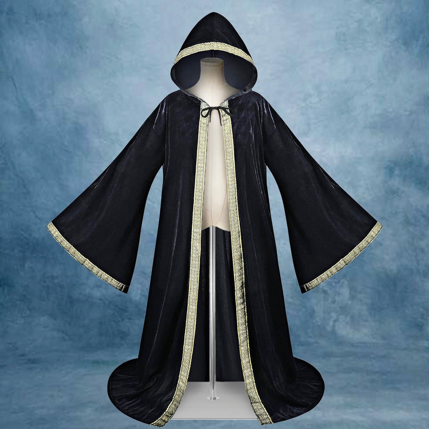 Hooded Wizard Robe, Black Gold Velvet Sorcerer Long Cloak with Hood, Medieval Fantasy Maxi Cape, Unisex Adult LARP Cosplay, Halloween Costume