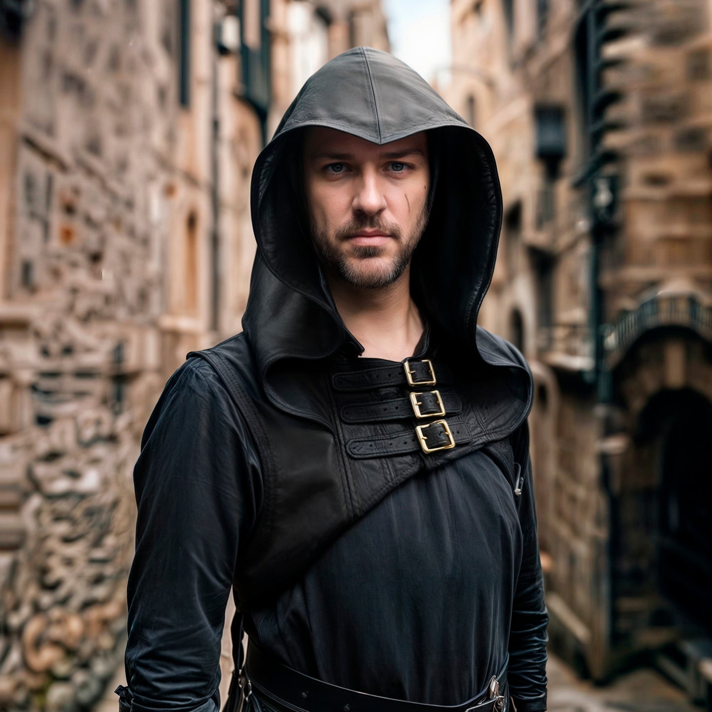 Black Medieval Ranger Hood, Vegetal Leather Cowl for LARP Cosplay Costume, Assassin Rogue Hoodie, Unisex Hooded Cape, Dune Steampunk Shadow Outfit