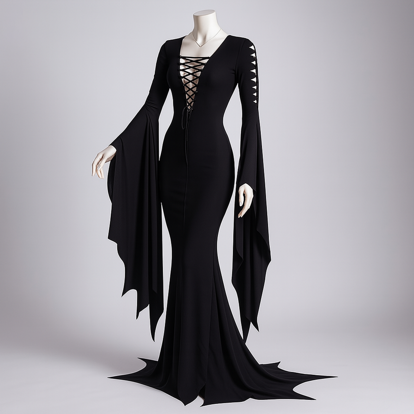 Morticia Addams Dress, Black Witch Dress for Halloween Party, Medieval Gothic Vampire Women Costume, Long Floor Train Gown Plus Size, Fantasy Dark Elven Cosplay