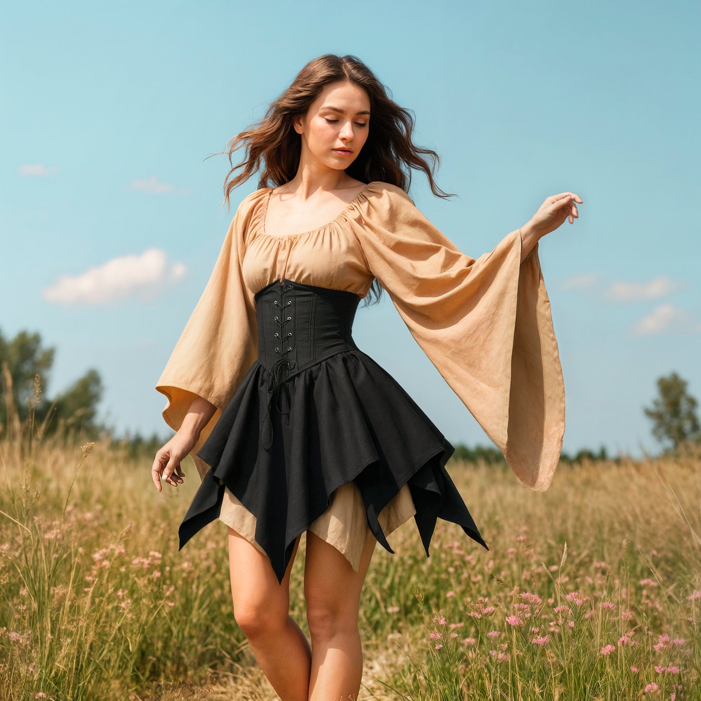 Beige and Black Fantasy Short Dress for Elven Pixie Fairy Cosplay Costume