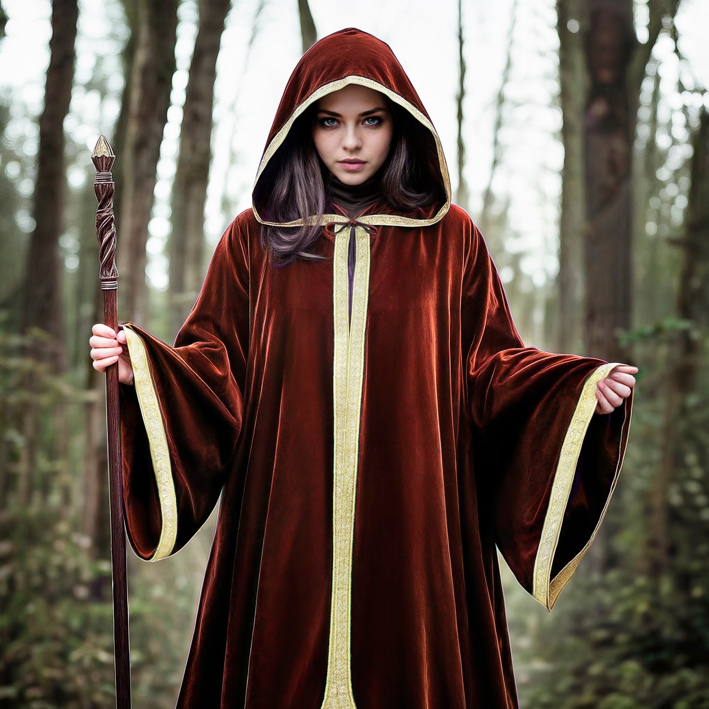 Hooded Female Wizard Robe, Burgundy Gold Velvet Sorcerer Long Cloak with Hood, Medieval Fantasy Maxi Cape, Unisex Adult LARP Cosplay, Halloween Costume