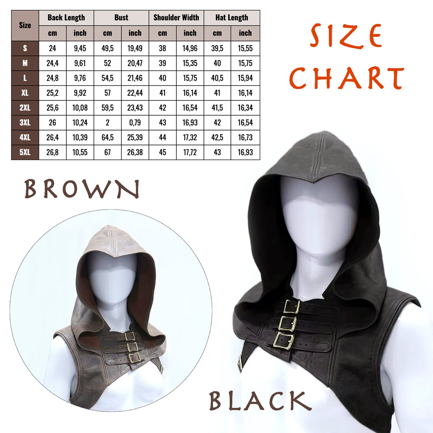 Size chart for a hooded garment with brown and black options, showing measurements and mannequin display.