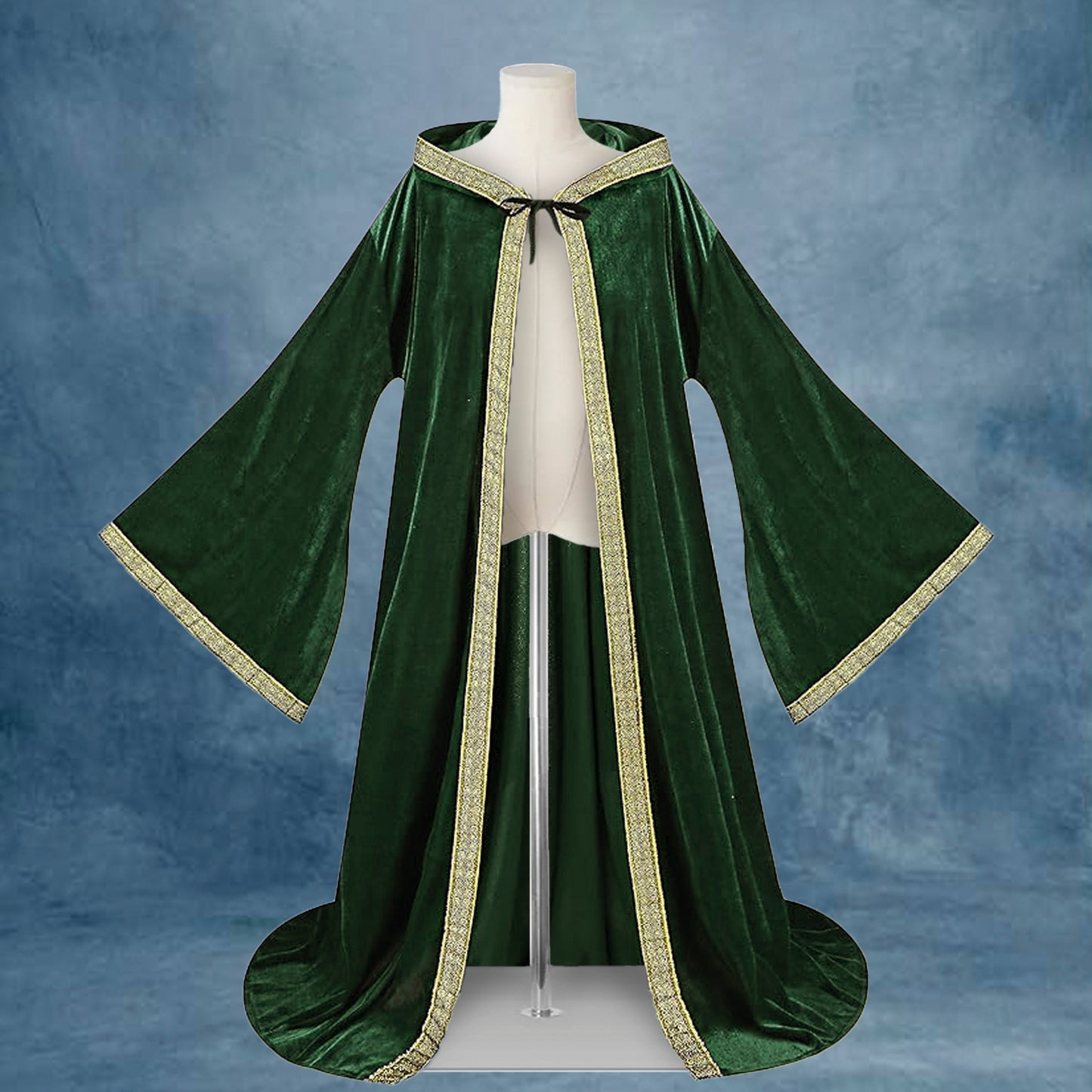 Hooded Wizard Robe, Green Gold Velvet Sorcerer Long Cloak with Hood, Medieval Fantasy Maxi Cape, Unisex Adult LARP Cosplay, Halloween Costume