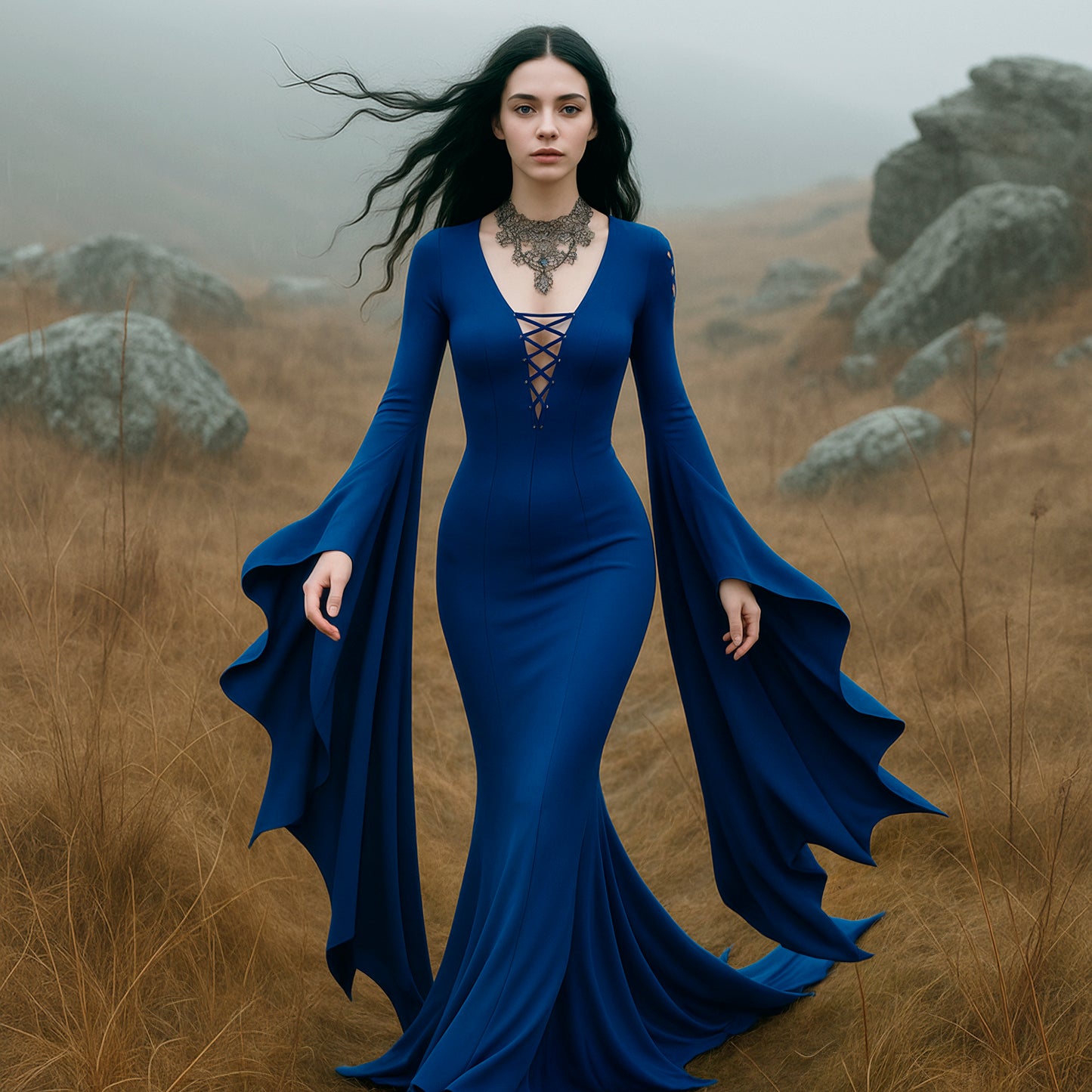 Morticia Addams Dress, Blue Witch Dress for Halloween Party, Medieval Gothic Vampire Women Costume, Long Floor Train Gown Plus Size, Fantasy Dark Elven Cosplay
