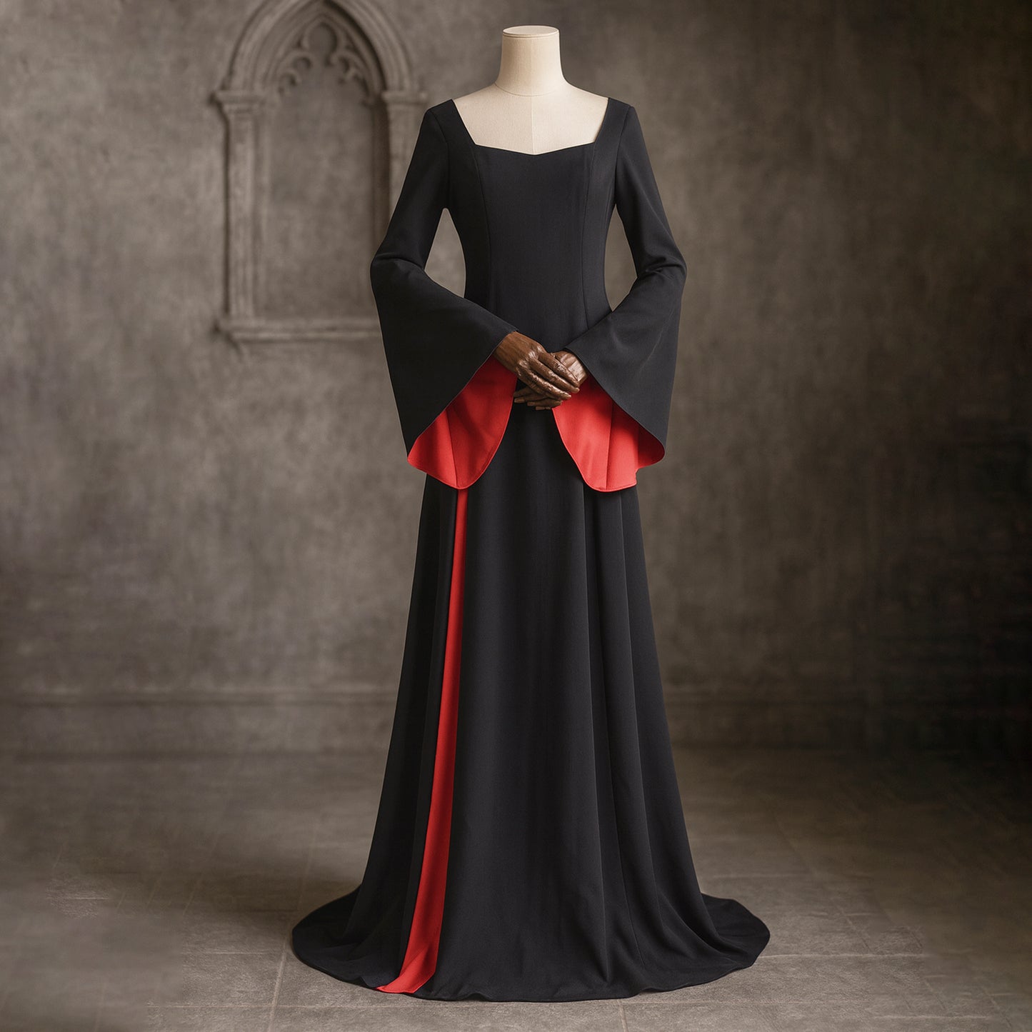 Black & Red Marticia Addams Dress, Gothic Witch Dress: Crimson Bat Flared Sleeve, Long Floor Train, Women Halloween Costume 2025 in Medieval Vampire Style