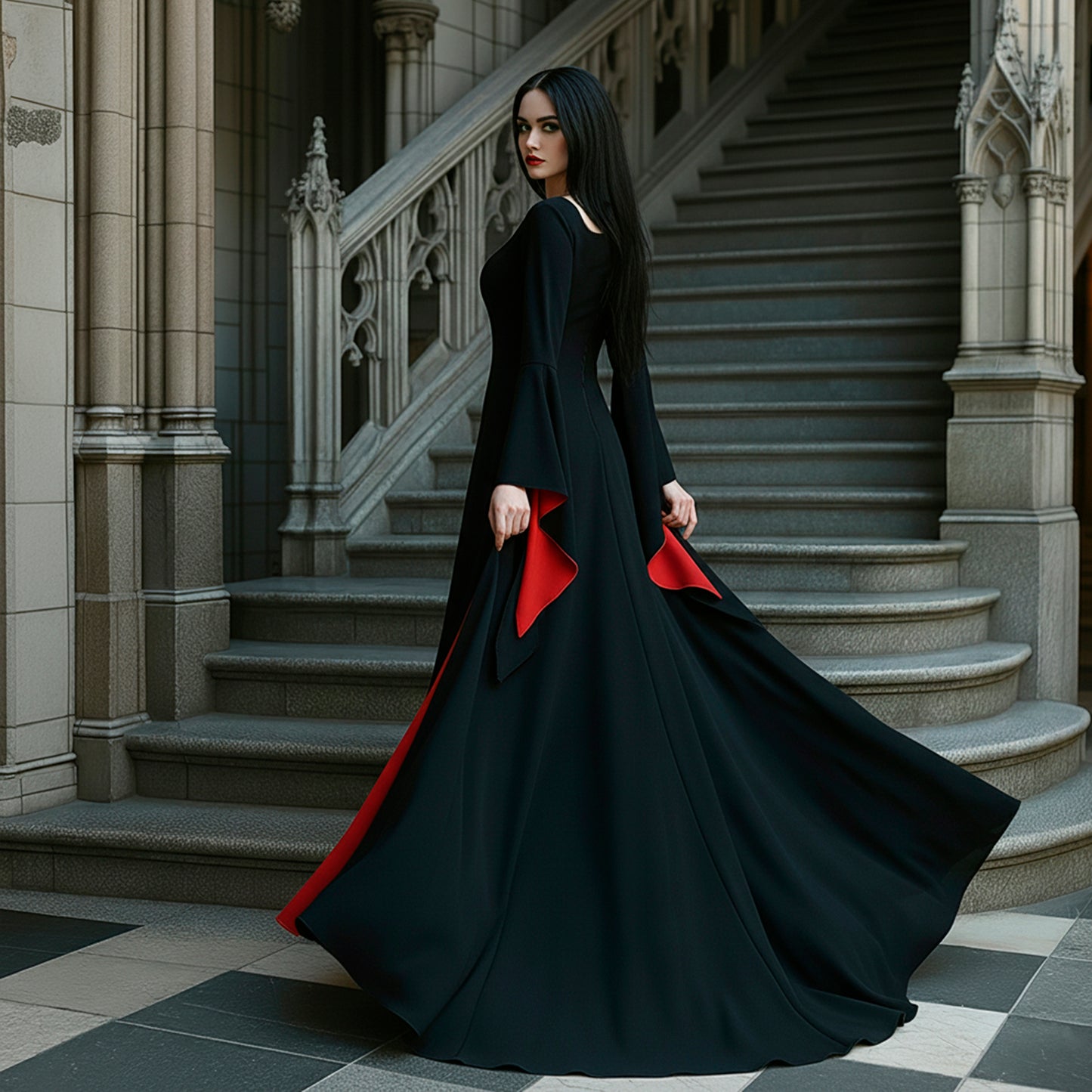 Black & Red Marticia Addams Dress, Gothic Witch Dress: Crimson Bat Flared Sleeve, Long Floor Train, Women Halloween Costume 2025 in Medieval Vampire Style