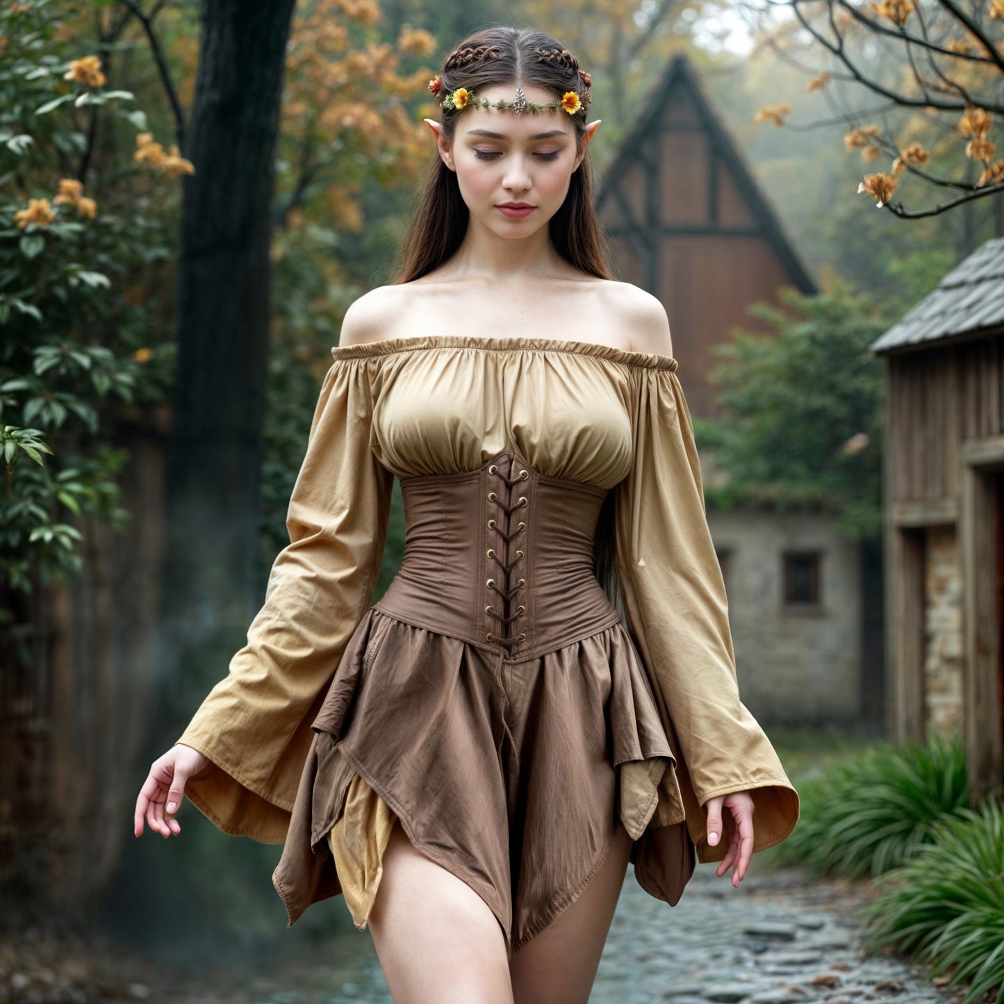 Elven Short Dress with Flared Sleeve & Corset, Plus Size, Forest Fairy Cosplay LARP Costume, Pixie Fantasy Outfit, Medieval Renfaire Clothes