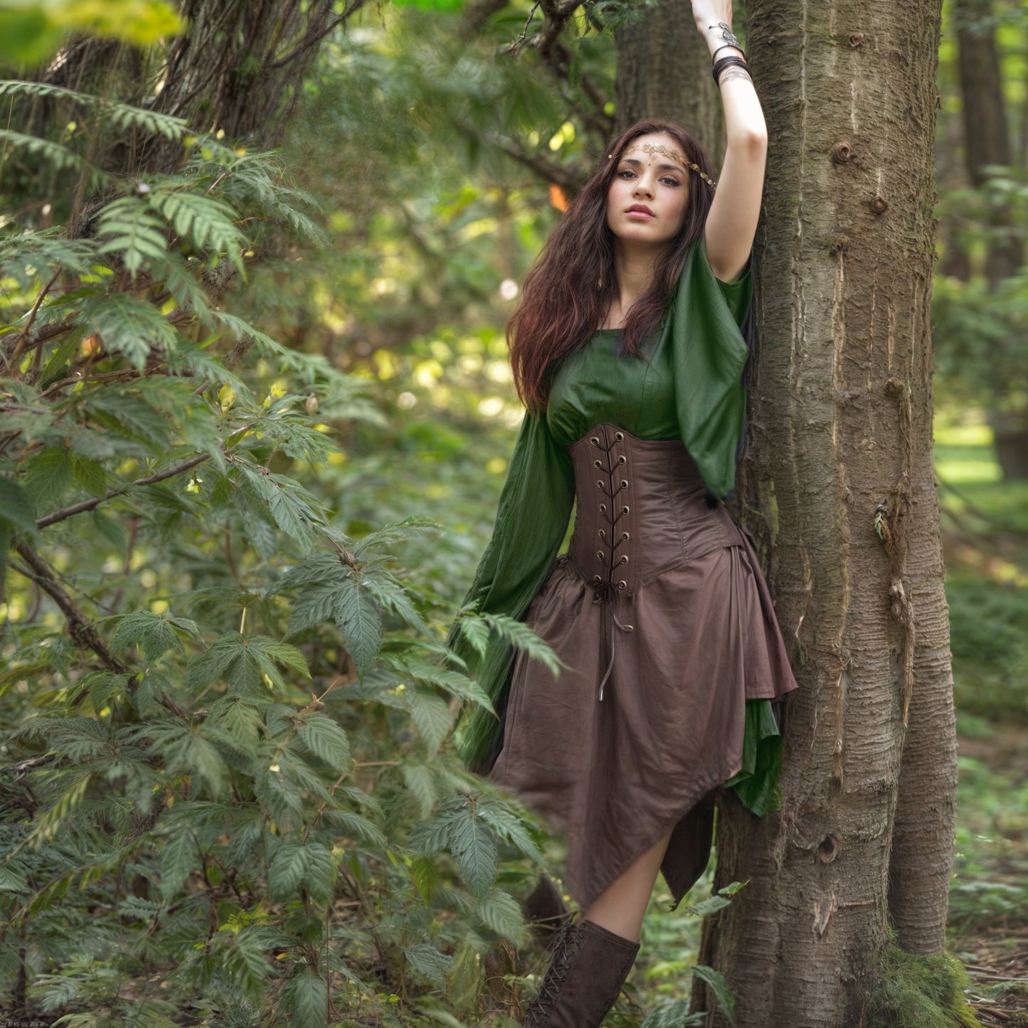 Elven Short Dress with Flared Sleeve & Corset, Plus Size, Forest Fairy Cosplay LARP Costume, Pixie Fantasy Outfit, Medieval Renfaire Clothes