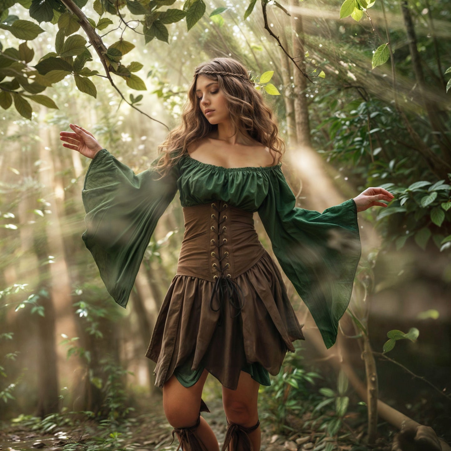 Elven Short Dress with Flared Sleeve & Corset, Plus Size, Forest Fairy Cosplay LARP Costume, Pixie Fantasy Outfit, Medieval Renfaire Clothes