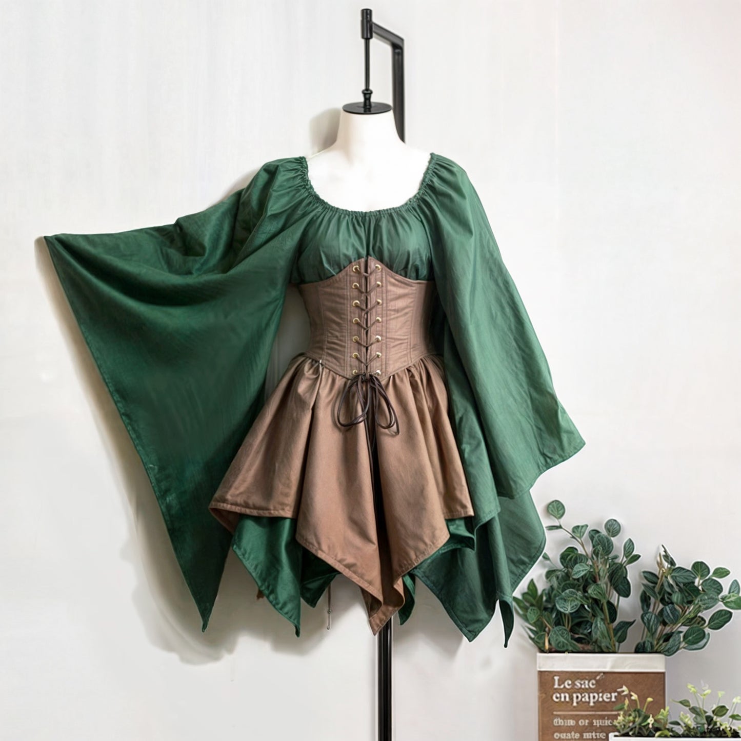 Elven Short Dress with Flared Sleeve & Corset, Plus Size, Forest Fairy Cosplay LARP Costume, Pixie Fantasy Outfit, Medieval Renfaire Clothes
