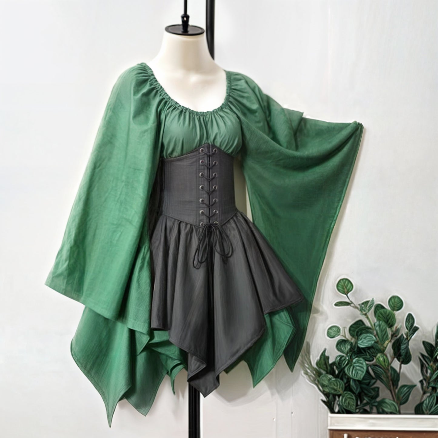 Elven Short Dress with Flared Sleeve & Corset, Plus Size, Forest Fairy Cosplay LARP Costume, Pixie Fantasy Outfit, Medieval Renfaire Clothes