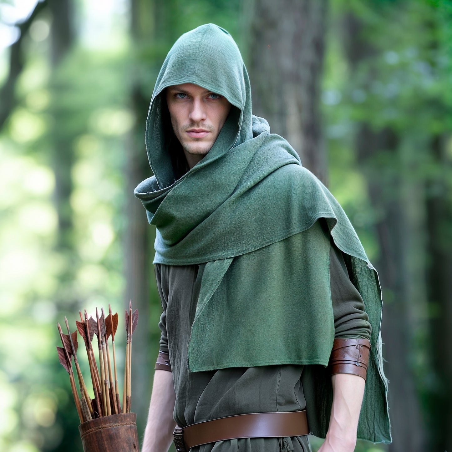 Medieval Green Ranger Cowl Shrug LARP Cosplay Costume, Men Archer Rogue Hoodie, Unisex Hooded Cape, Dune Sand Shawl, Shadow Green Outfit with Hood