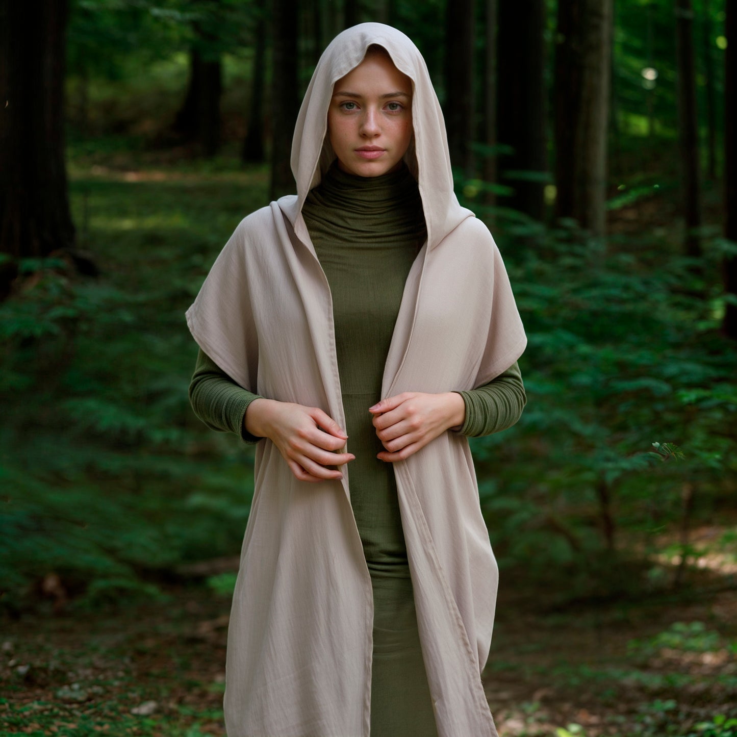 Medieval Beige Ranger Cowl Shrug LARP Cosplay Costume, Men Archer Rogue Hoodie, Unisex Hooded Cape, Dune Sand Shawl, Shadow Green Outfit with Hood