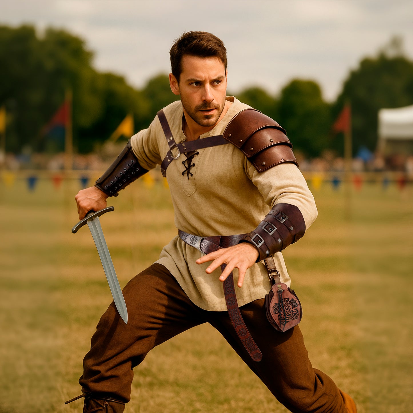 Medieval Viking Warrior Clothes Set 8 pcs: Tunic, Pants, Shoulder Pad, Faux Leather LARP Accessories and Armor