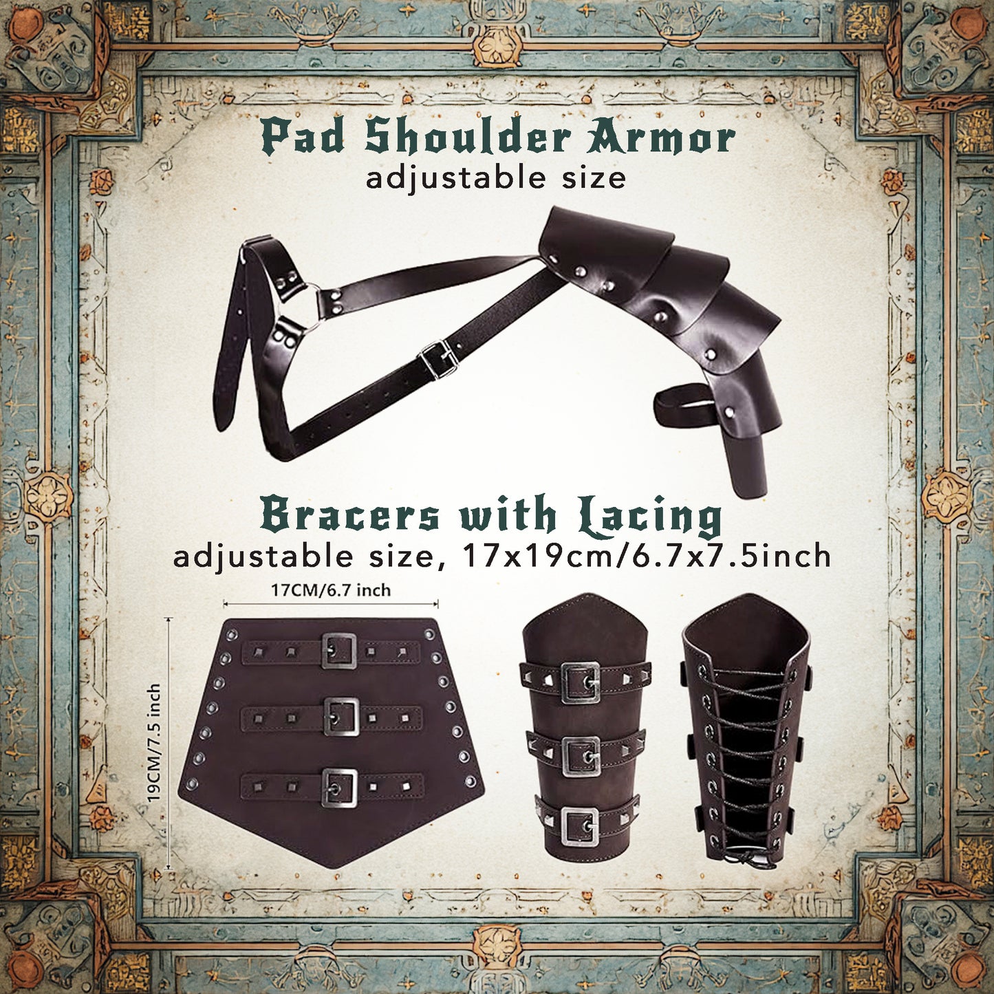 Medieval Viking Warrior Clothes Set 8 pcs: Tunic, Pants, Shoulder Pad, Faux Leather LARP Accessories and Armor
