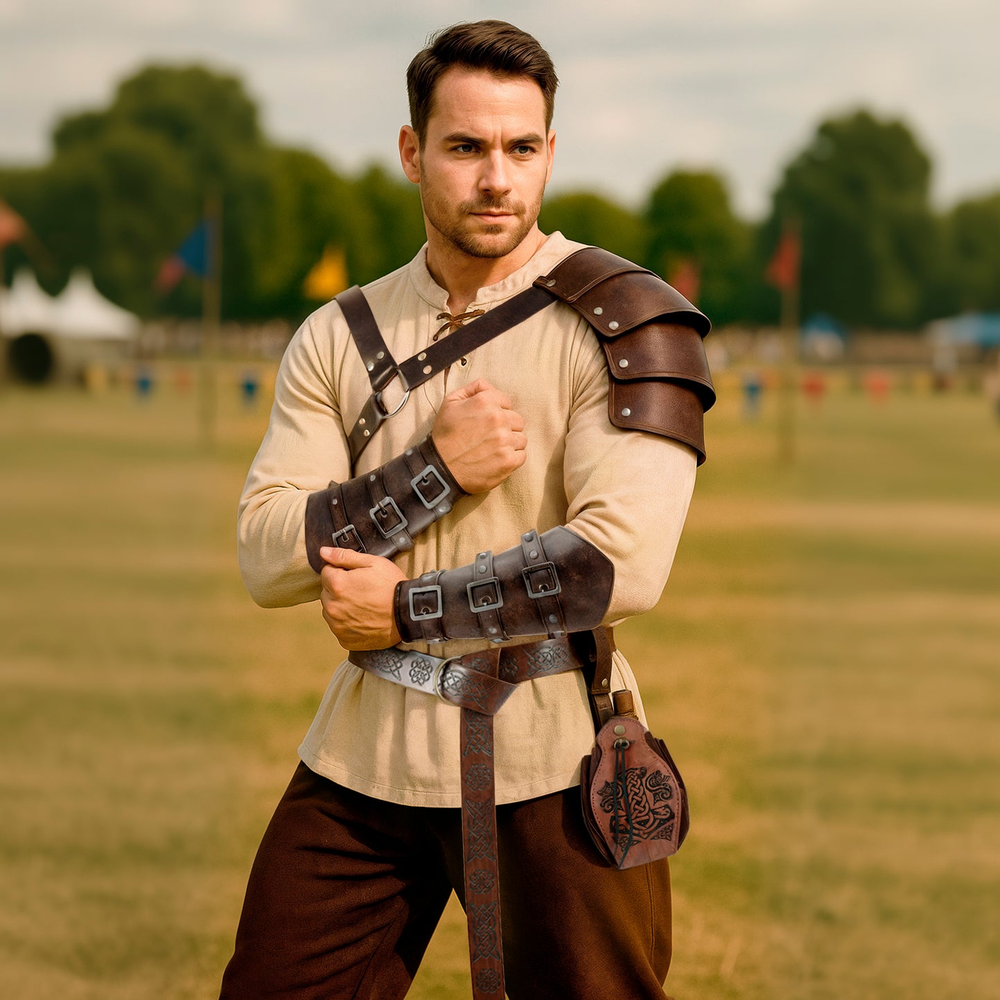 Medieval Viking Warrior Clothes Set 8 pcs: Tunic, Pants, Shoulder Pad, Faux Leather LARP Accessories and Armor
