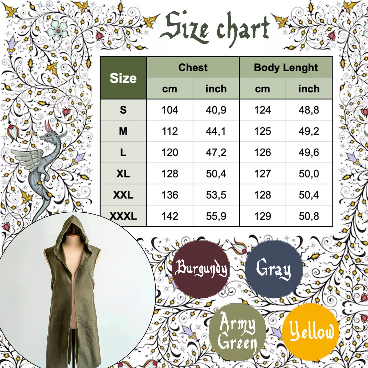 Medieval Men Clothes, Green Hooded Linen Surcoat, Unisex Open-Front Tunic, Ranger Cape Cloak, Ren Faire Cosplay Costume, Fantasy LARP Outfit