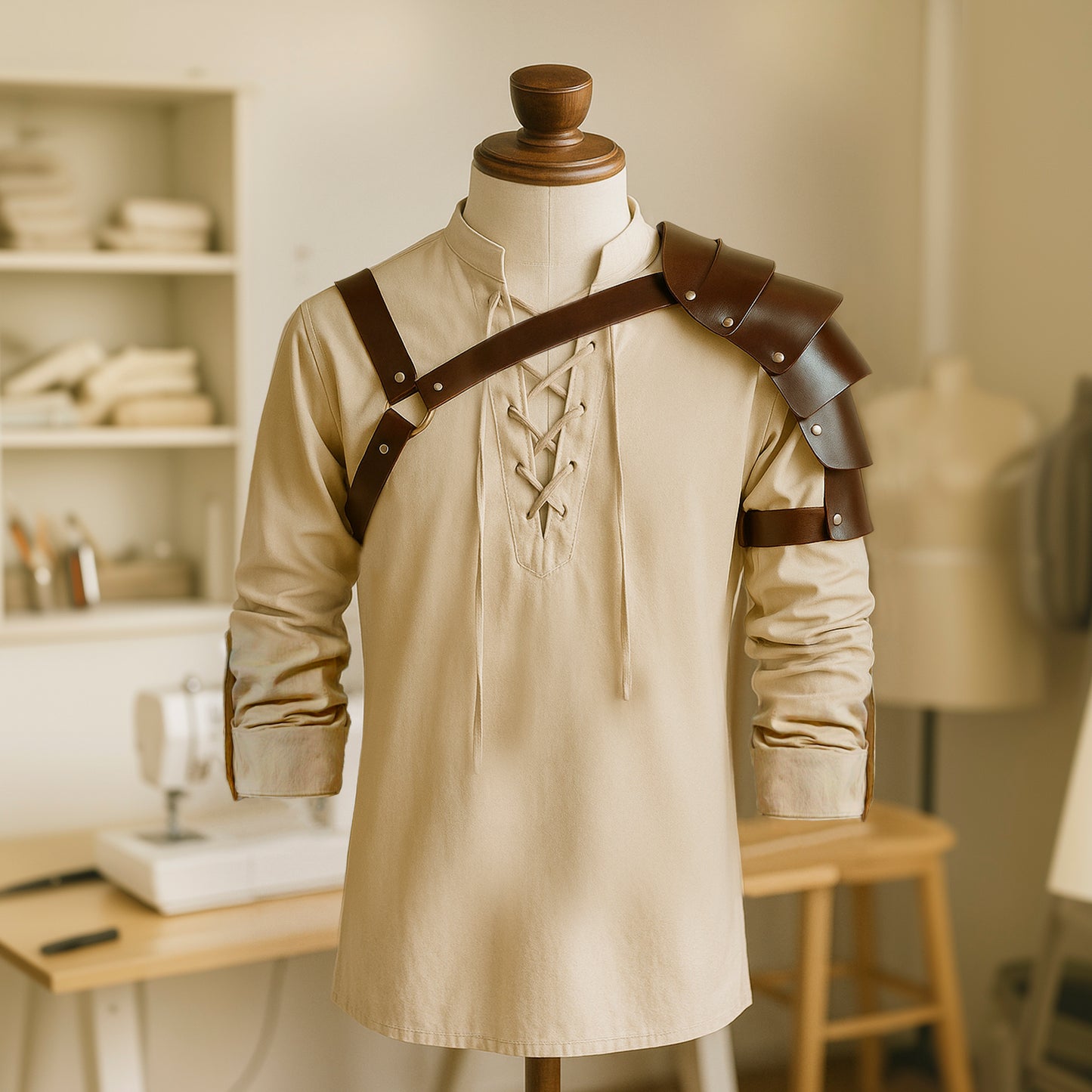 Medieval Viking Warrior Clothes Set 8 pcs: Tunic, Pants, Shoulder Pad, Faux Leather LARP Accessories and Armor