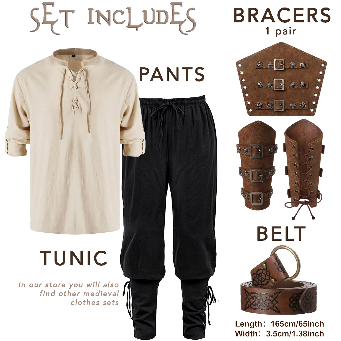 Medieval Viking Clothes Set 4 pcs: Tunic, Pants, Nordic Belt and Bracers. Halloween cosplay costume or LARP LOTR Warrior Outfit