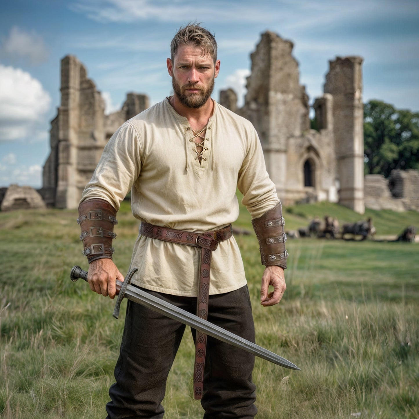 Medieval Viking Clothes Set 4 pcs: Tunic, Pants, Nordic Belt and Bracers. Halloween cosplay costume or LARP LOTR Warrior Outfit