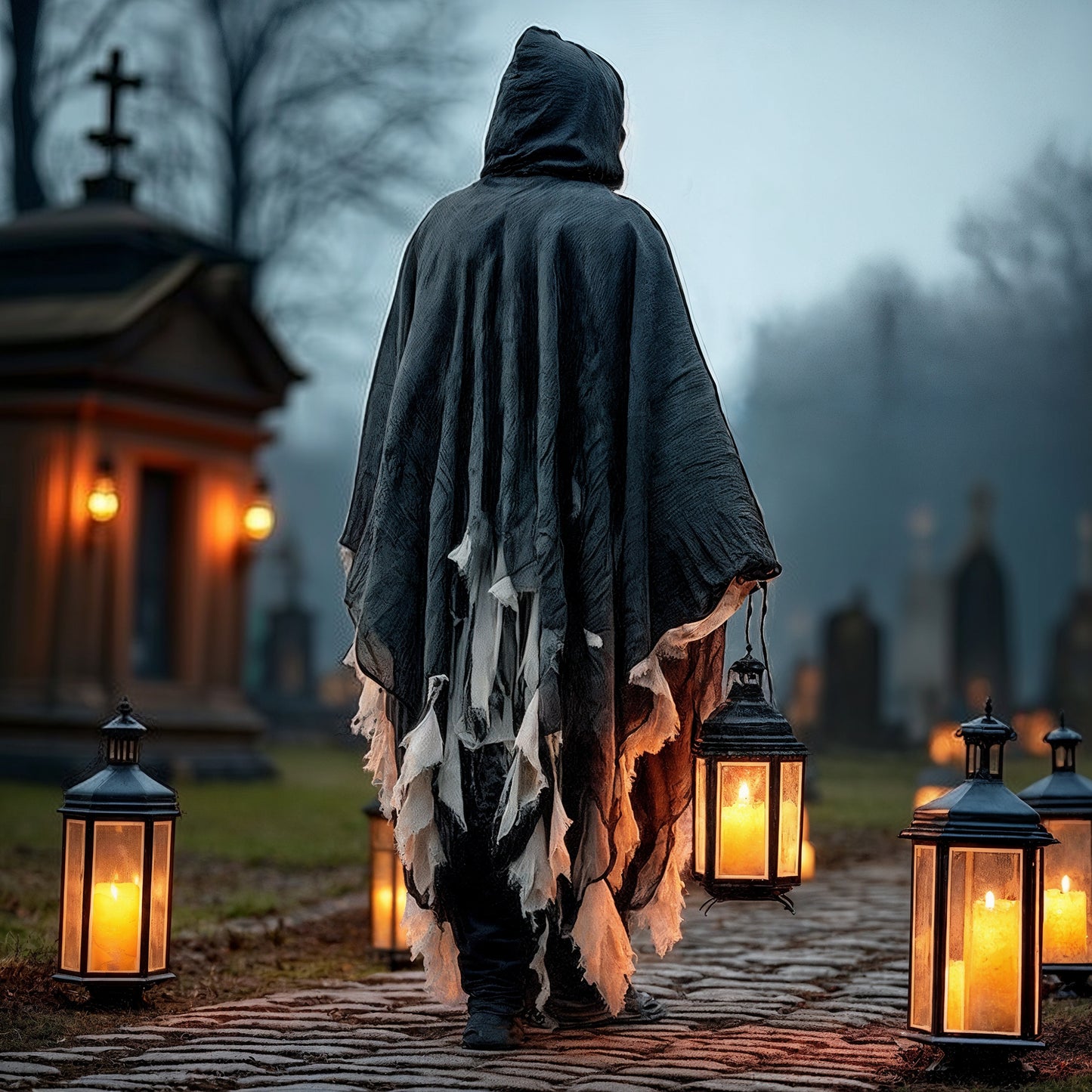 Adult Ghost Halloween Costume, Hooded Dark Spirit Cape Cloak, Spooky Masquerade Fantasy Cosplay Outfit, Horror Vampire Zombie Poncho Hood