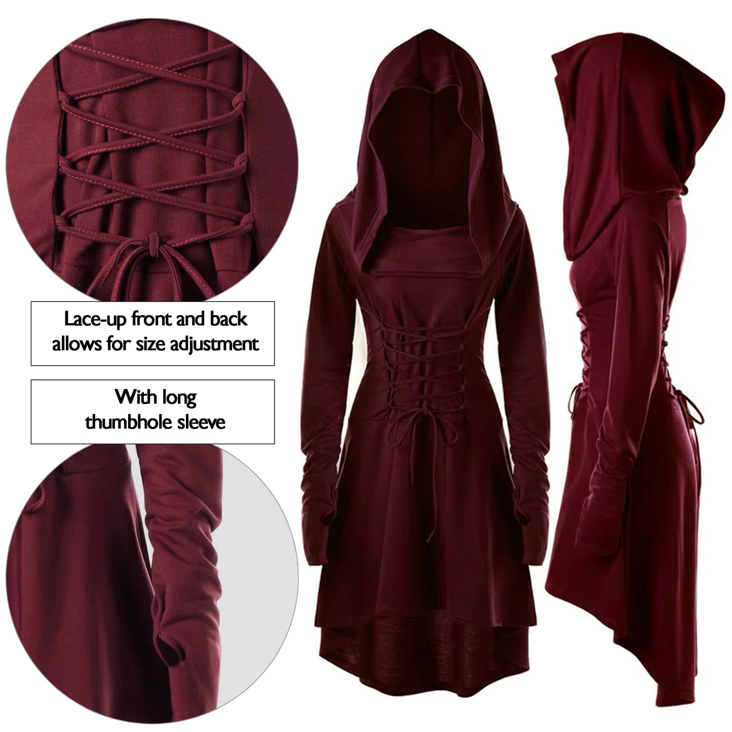 Burgundy Fantasy Women Dress Hood, Medieval Assassin Hoodie, Elven Archer Cape, Renfaire Gothic Outfit LARP