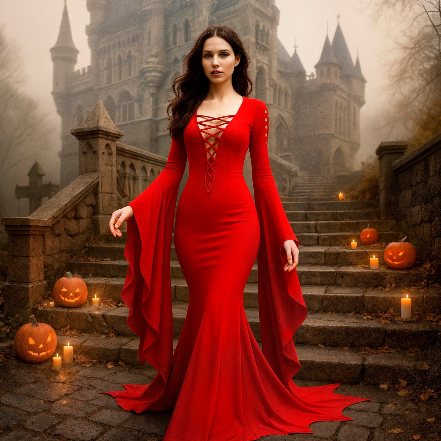 Morticia Addams Dress, Red Witch Dress for Halloween Party, Medieval Gothic Vampire Women Costume, Long Floor Train Gown Plus Size, Fantasy Dark Elven Cosplay