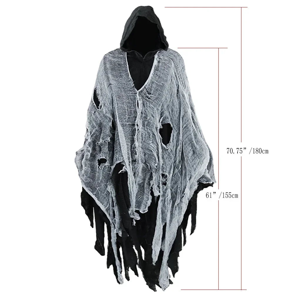 Adult Ghost Halloween Costume, Hooded Dark Spirit Cape Cloak, Spooky Masquerade Fantasy Cosplay Outfit, Horror Vampire Zombie Poncho Hood