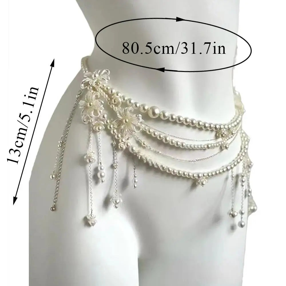 Pearl Waist Chain for Elven Women Dress, Double Layer Beads Body Jewelry