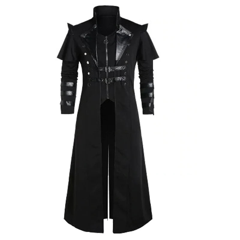 A collection of men's steampunk, gothic style jackets in black and white colors with a long split design and faux leather details.