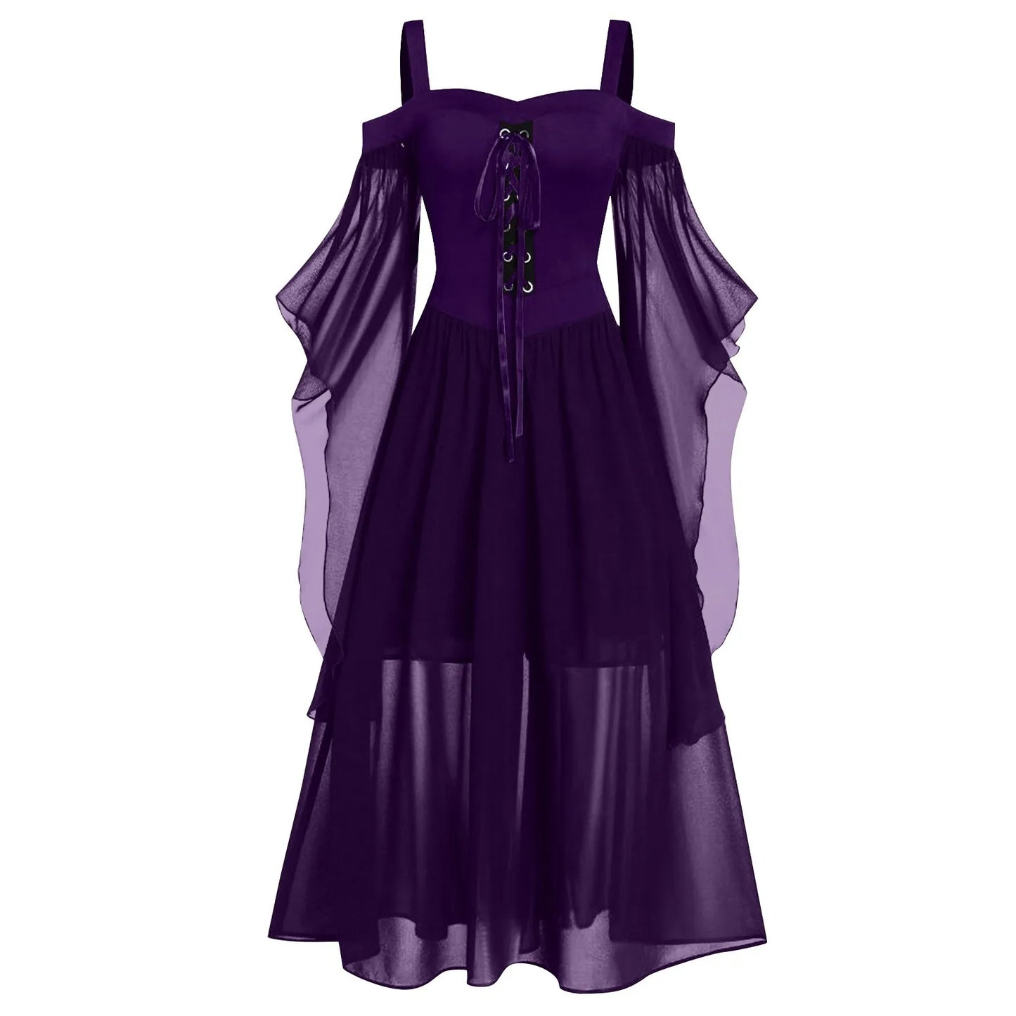 Purple dress with sheer sleeves on a white background