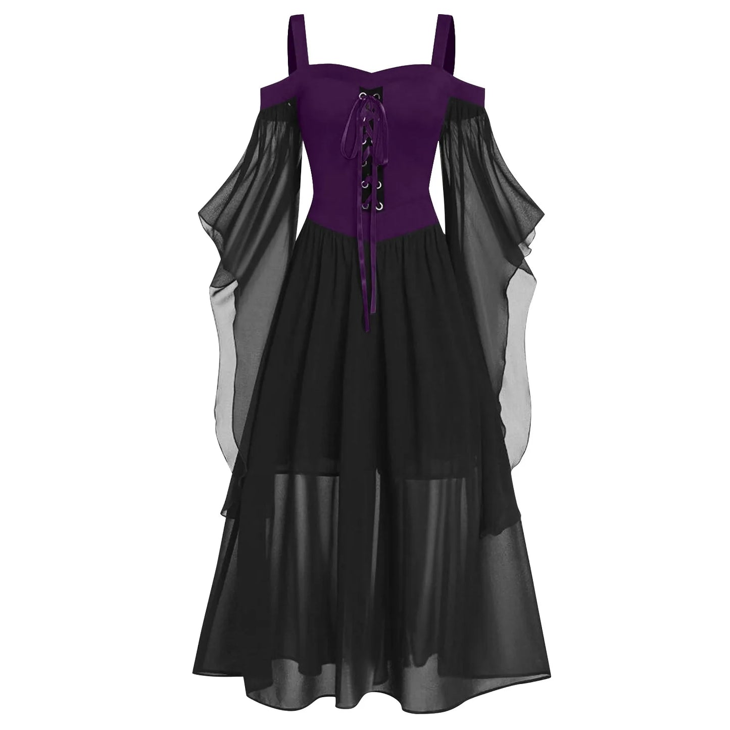Purple and black dress with sheer sleeves on a white background
