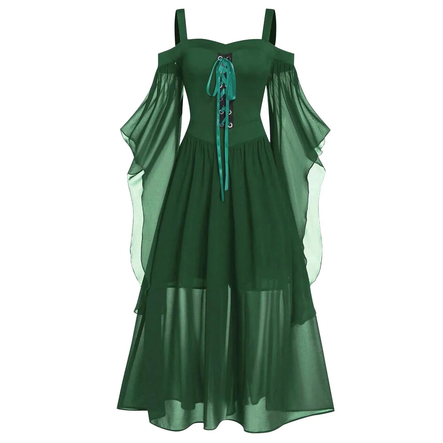 Green dress with sheer sleeves on a white background