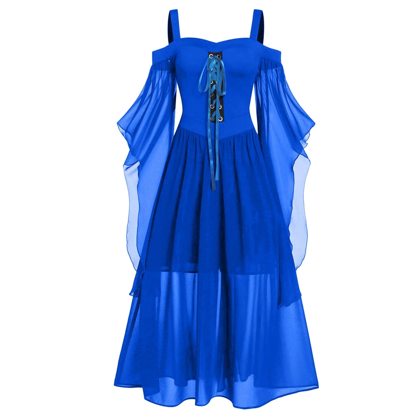 Blue dress with sheer sleeves on a white background