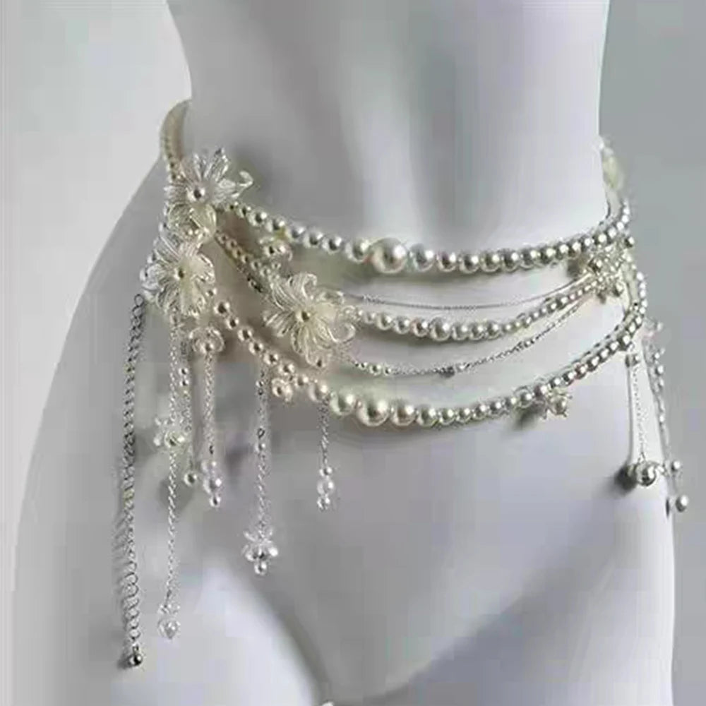 Pearl Waist Chain for Elven Women Dress, Double Layer Beads Body Jewelry