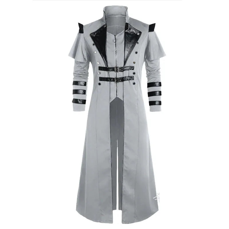 A collection of men's steampunk, gothic style jackets in black and white colors with a long split design and faux leather details.