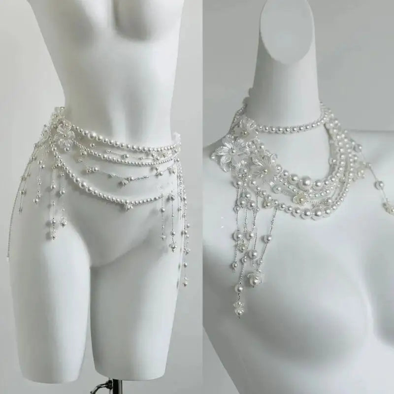 Pearl Waist Chain for Elven Women Dress, Double Layer Beads Body Jewelry