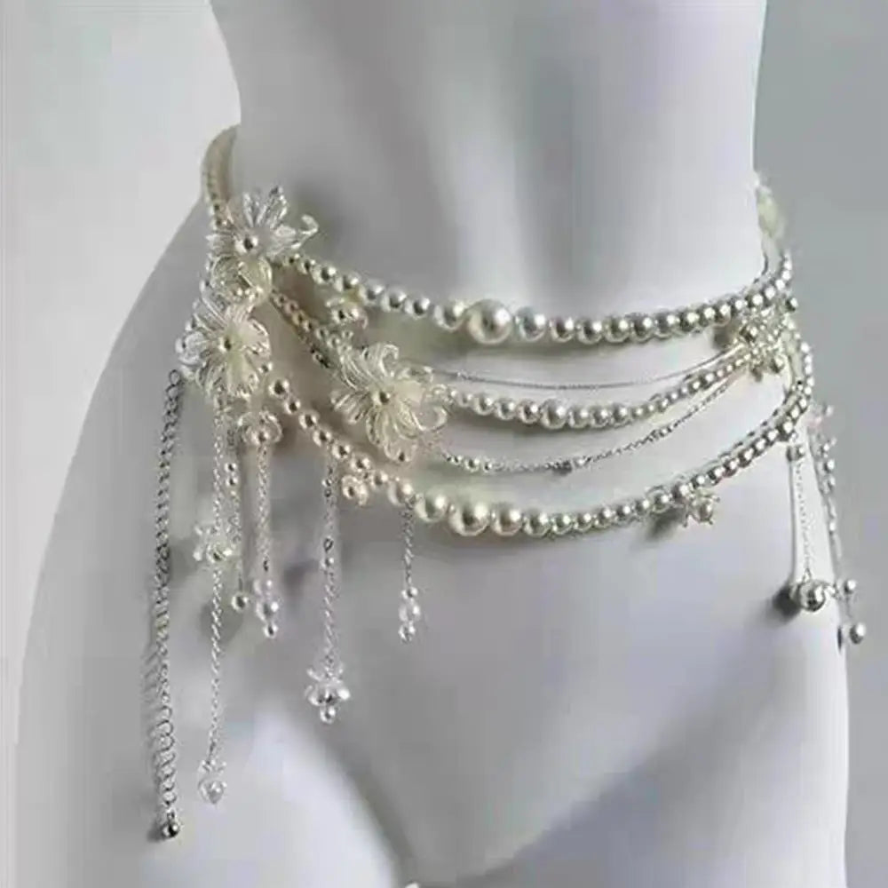 Pearl Waist Chain for Elven Women Dress, Double Layer Beads Body Jewelry
