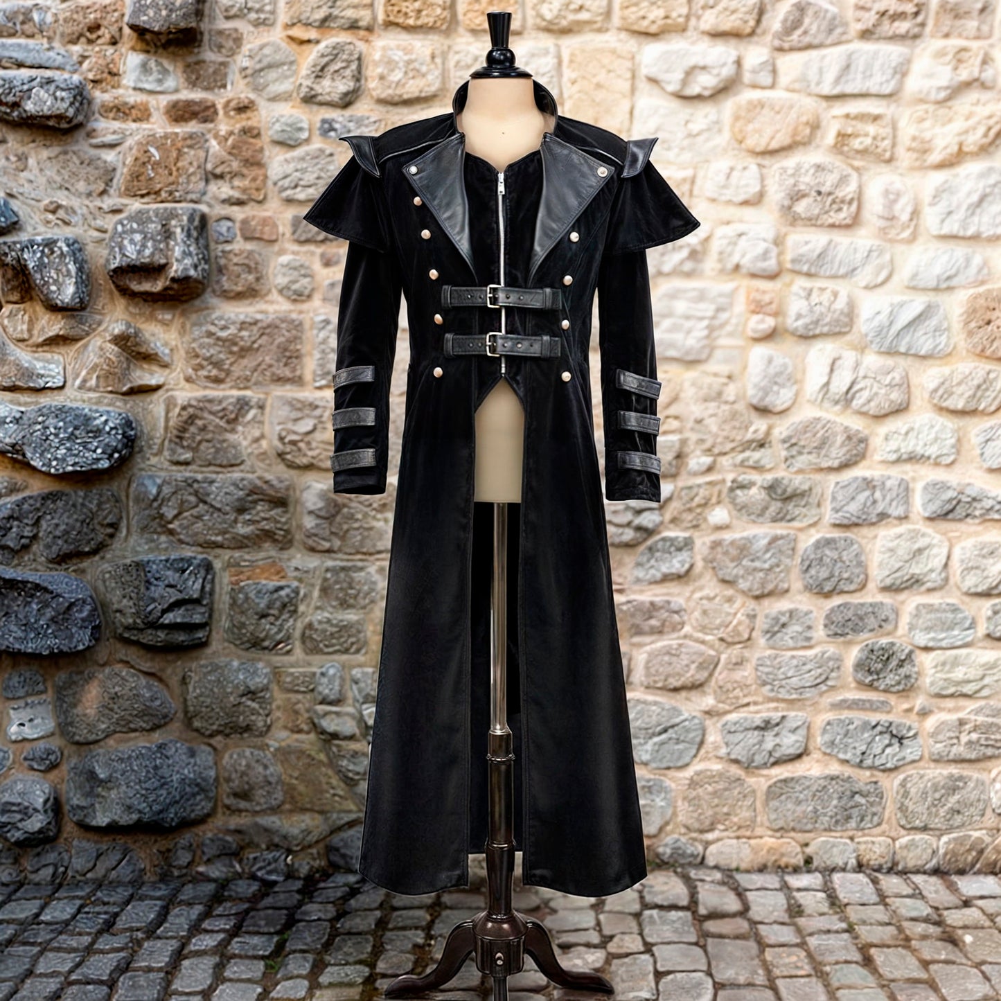 Black Gothic Vampire Coat – Steampunk Men Long Cosplay Trench Jacket, Dark Medieval Elves Halloween Costume, Assassin Cloak with Faux Leather