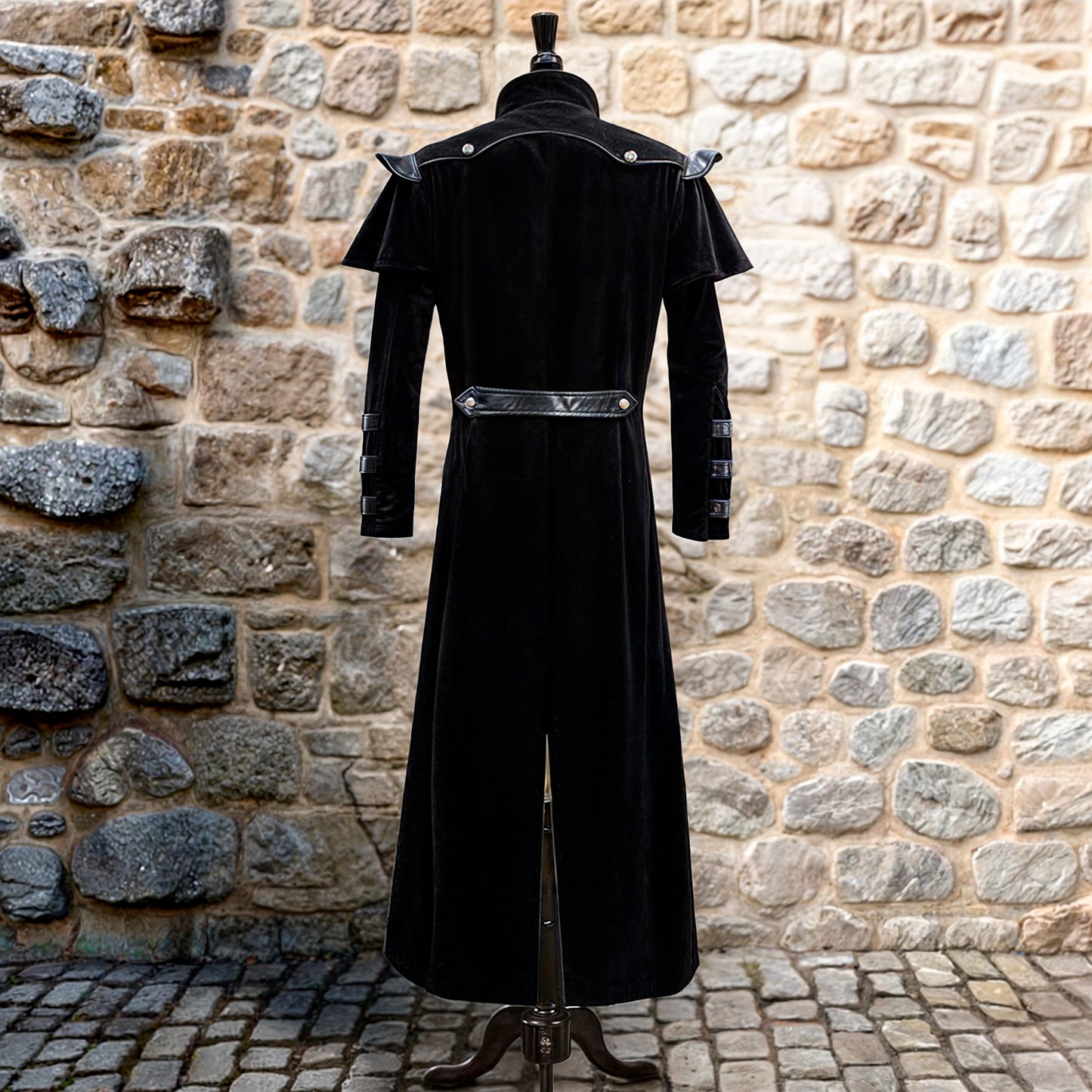 Black Gothic Vampire Coat – Steampunk Men Long Cosplay Trench Jacket, Dark Medieval Elves Halloween Costume, Assassin Cloak with Faux Leather