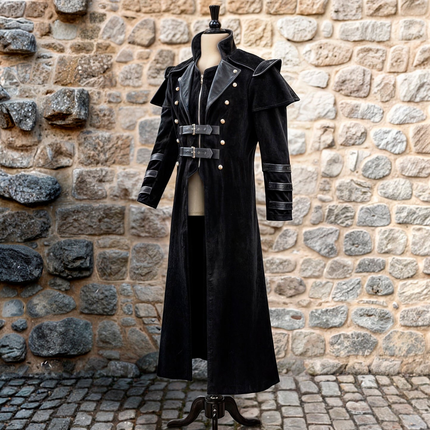 Black Gothic Vampire Coat – Steampunk Men Long Cosplay Trench Jacket, Dark Medieval Elves Halloween Costume, Assassin Cloak with Faux Leather