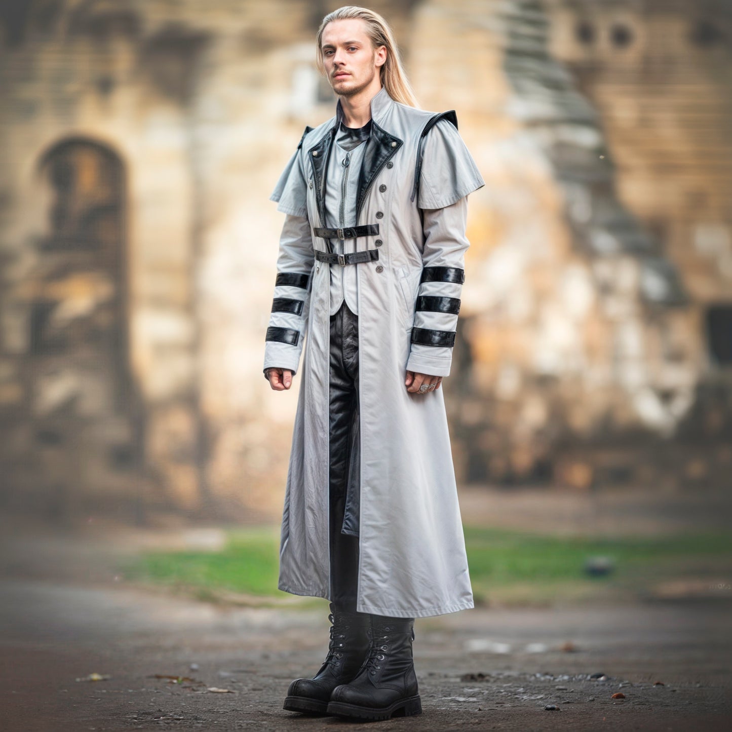 Person wearing a long Gothic Vampire Coat – Steampunk Cosplay Trench Jacket, Dark Medieval Elves Halloween Costume, Assassin Cloak with Faux Leather