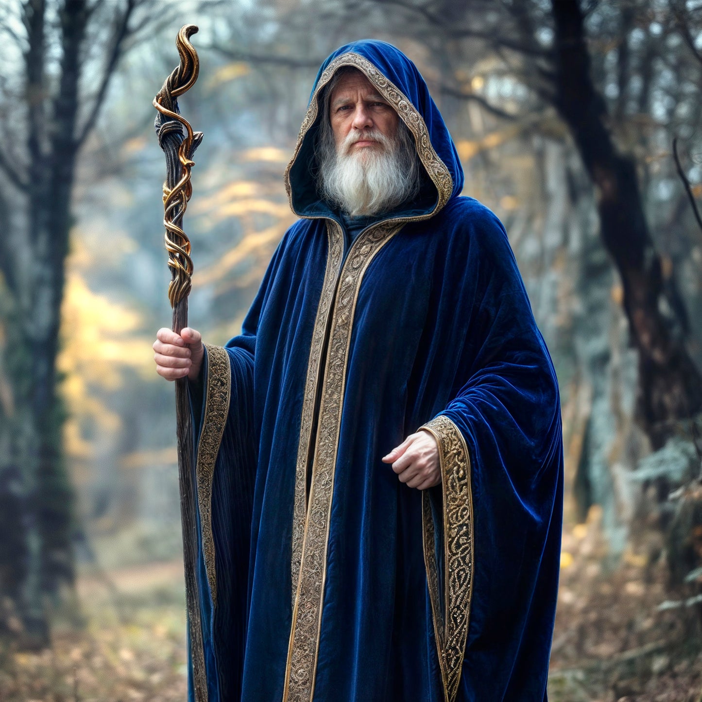 Hooded Wizard Robe, Blue Gold Velvet Sorcerer Long Cloak with Hood, Medieval Fantasy Maxi Cape, Unisex Adult LARP Cosplay, Halloween Costume