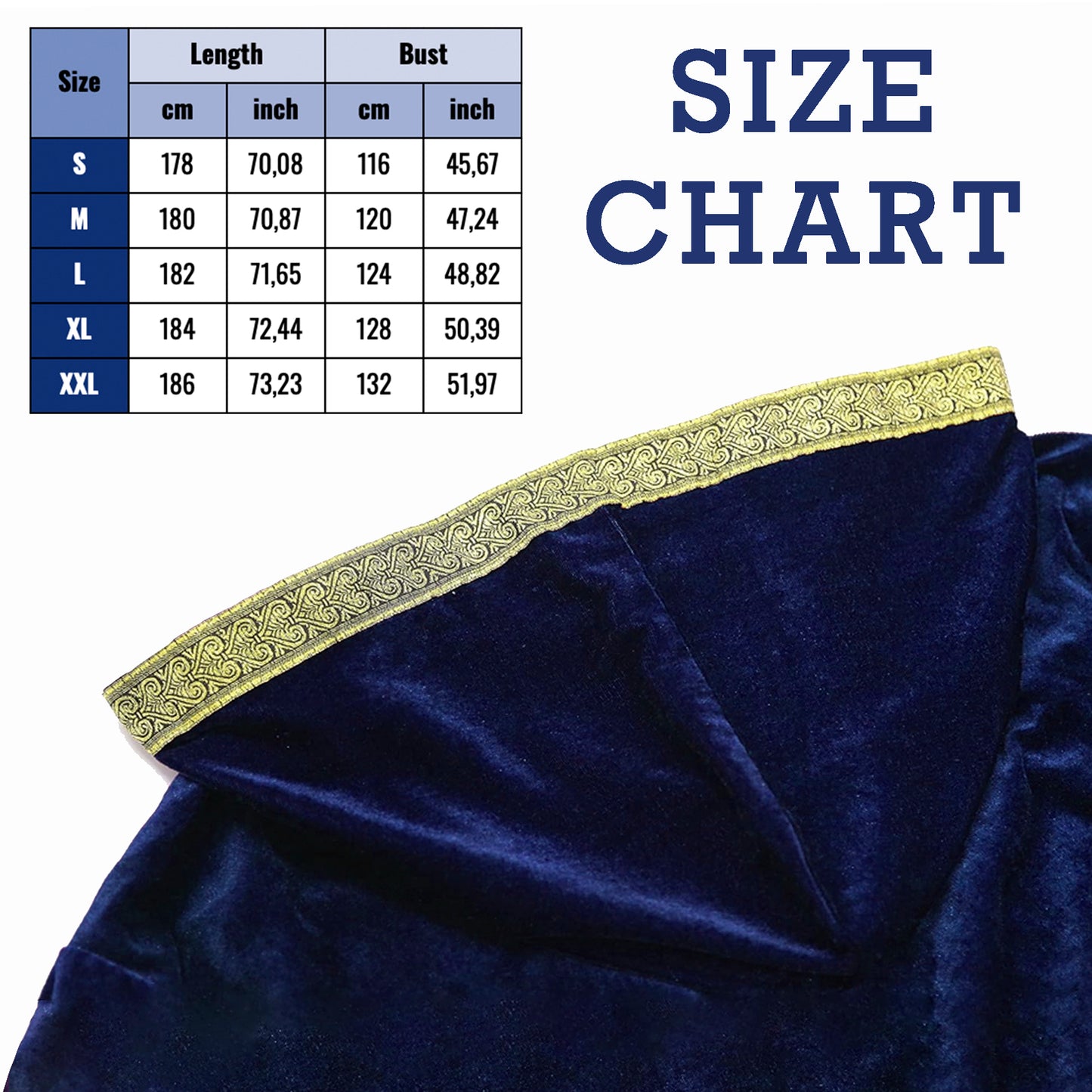 Hooded Wizard Robe, Blue Gold Velvet Sorcerer Long Cloak with Hood, Medieval Fantasy Maxi Cape, Unisex Adult LARP Cosplay, Halloween Costume