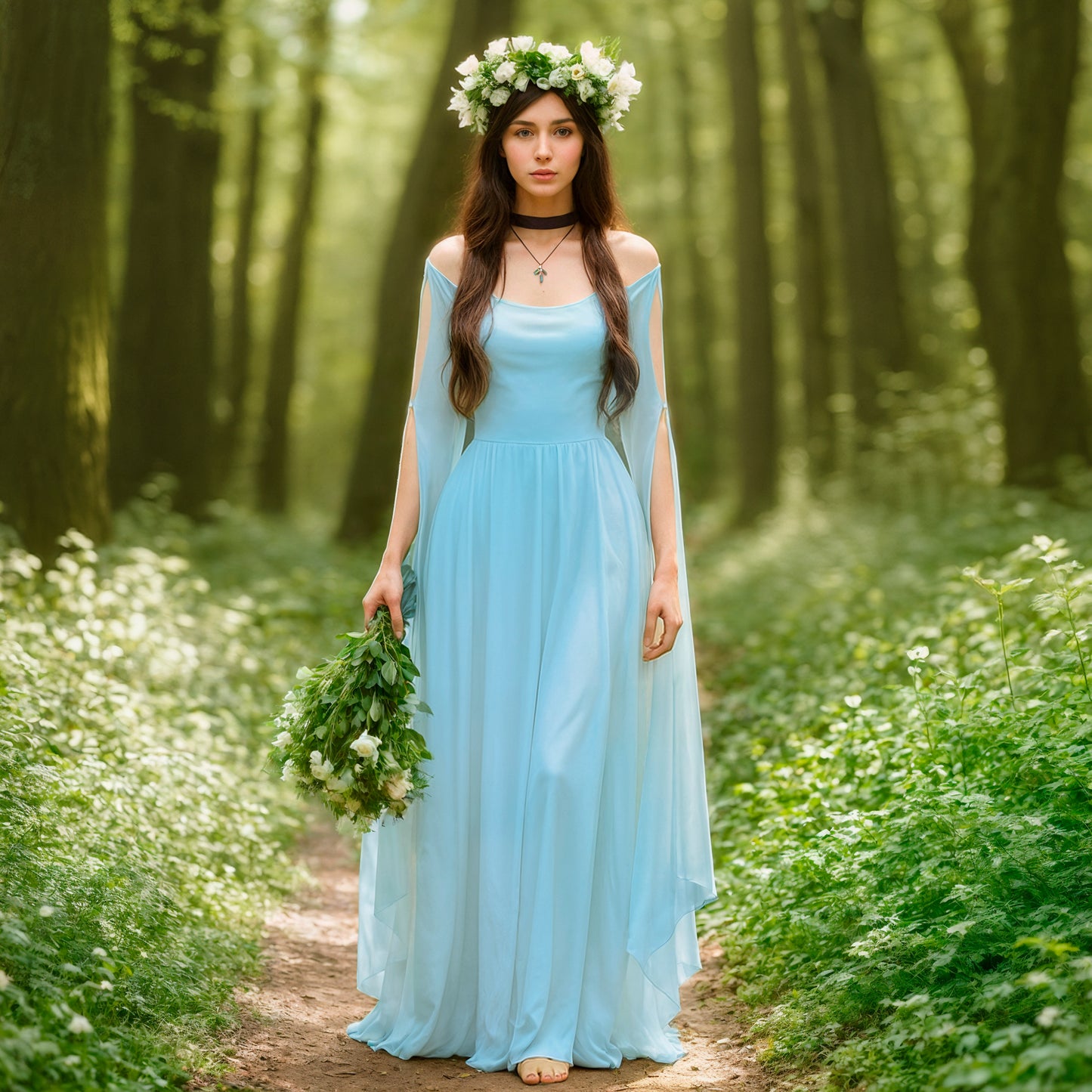 Sky Blue Medieval Fantasy Elven Dress & Pearl Belt, Renfaire Cosplay Elf Outfit, Women Halloween Costume, Fairytale LARP White Long Tulle Fairy Gown