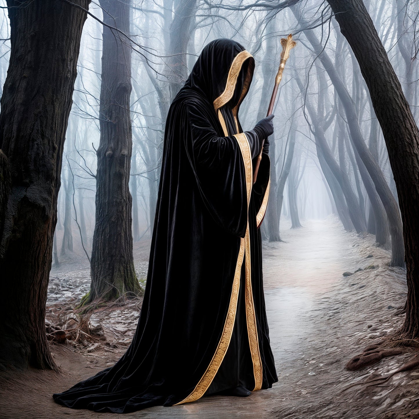 Hooded Wizard Robe, Black Gold Velvet Sorcerer Long Cloak with Hood, Medieval Fantasy Maxi Cape, Unisex Adult LARP Cosplay, Halloween Costume
